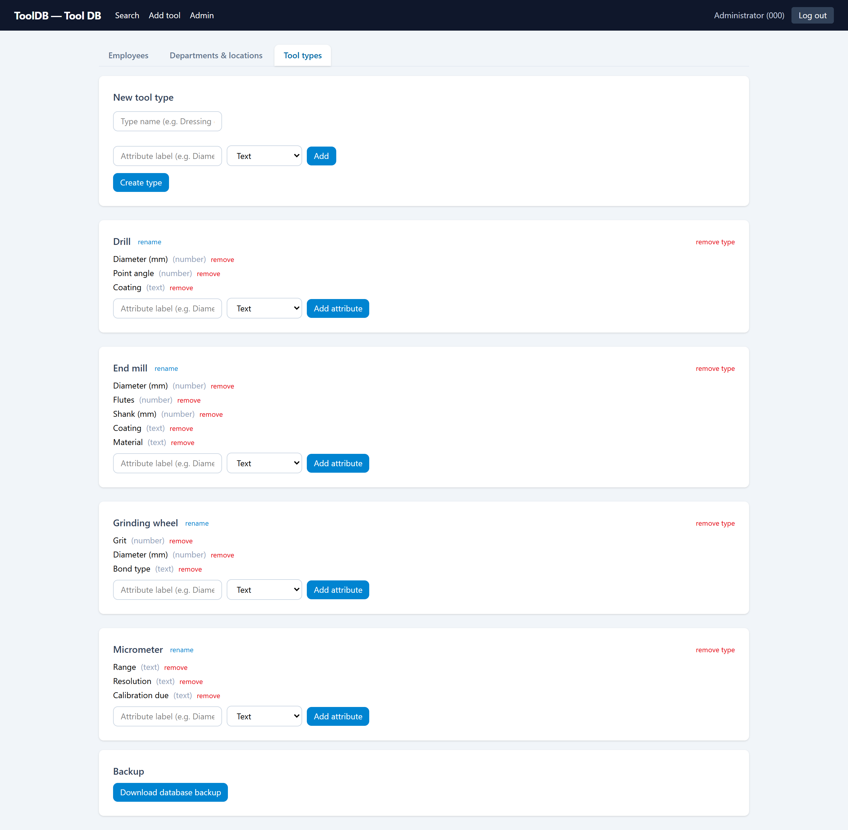 Admin tool-types screen: defining a new type and editing attribute schemas for drill, end mill, grinding wheel, and micrometer types
