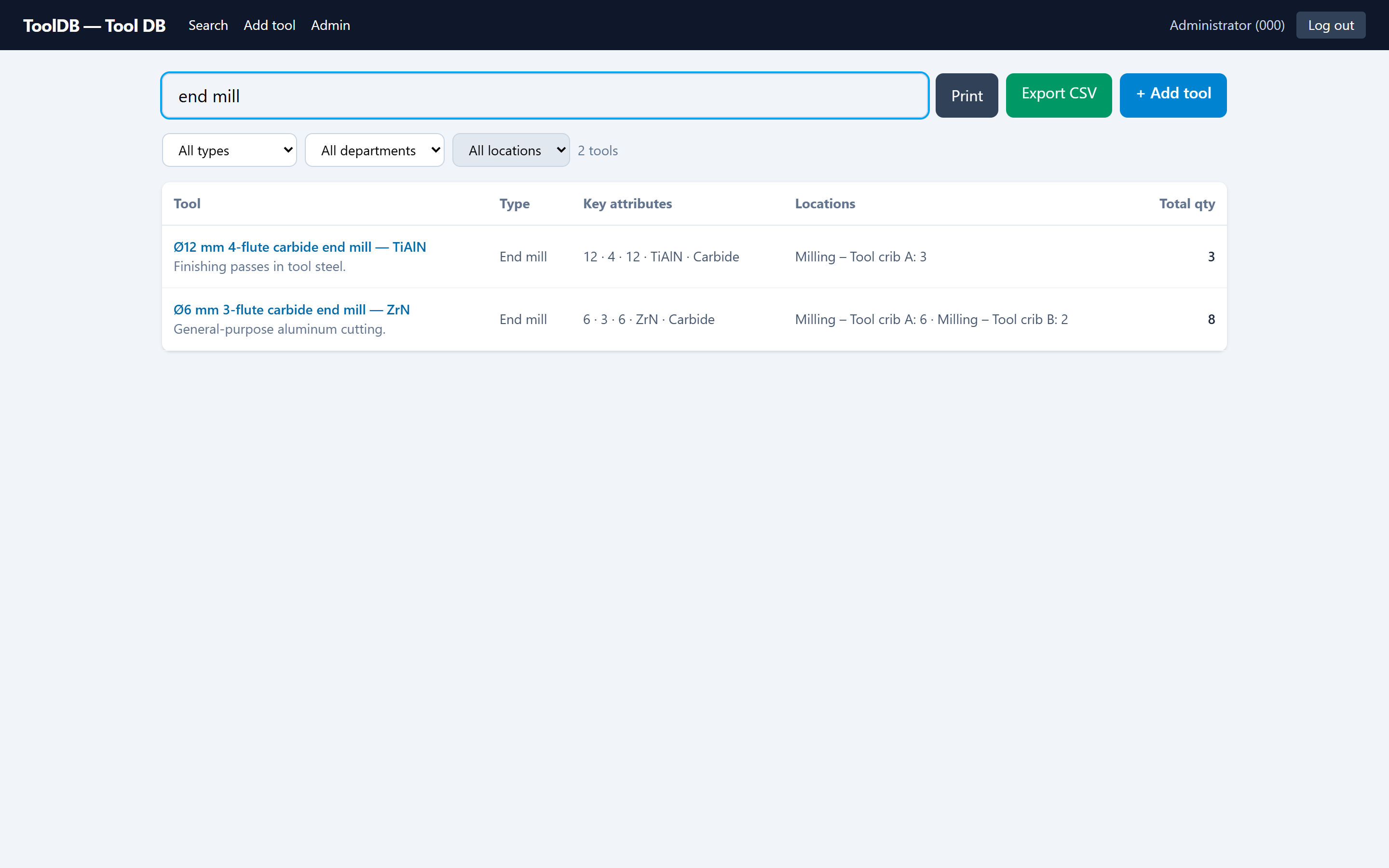 ToolDB search page: a query for “end mill” filtered by type, department, and location, showing each tool’s key attributes, its locations with quantities, and total quantity