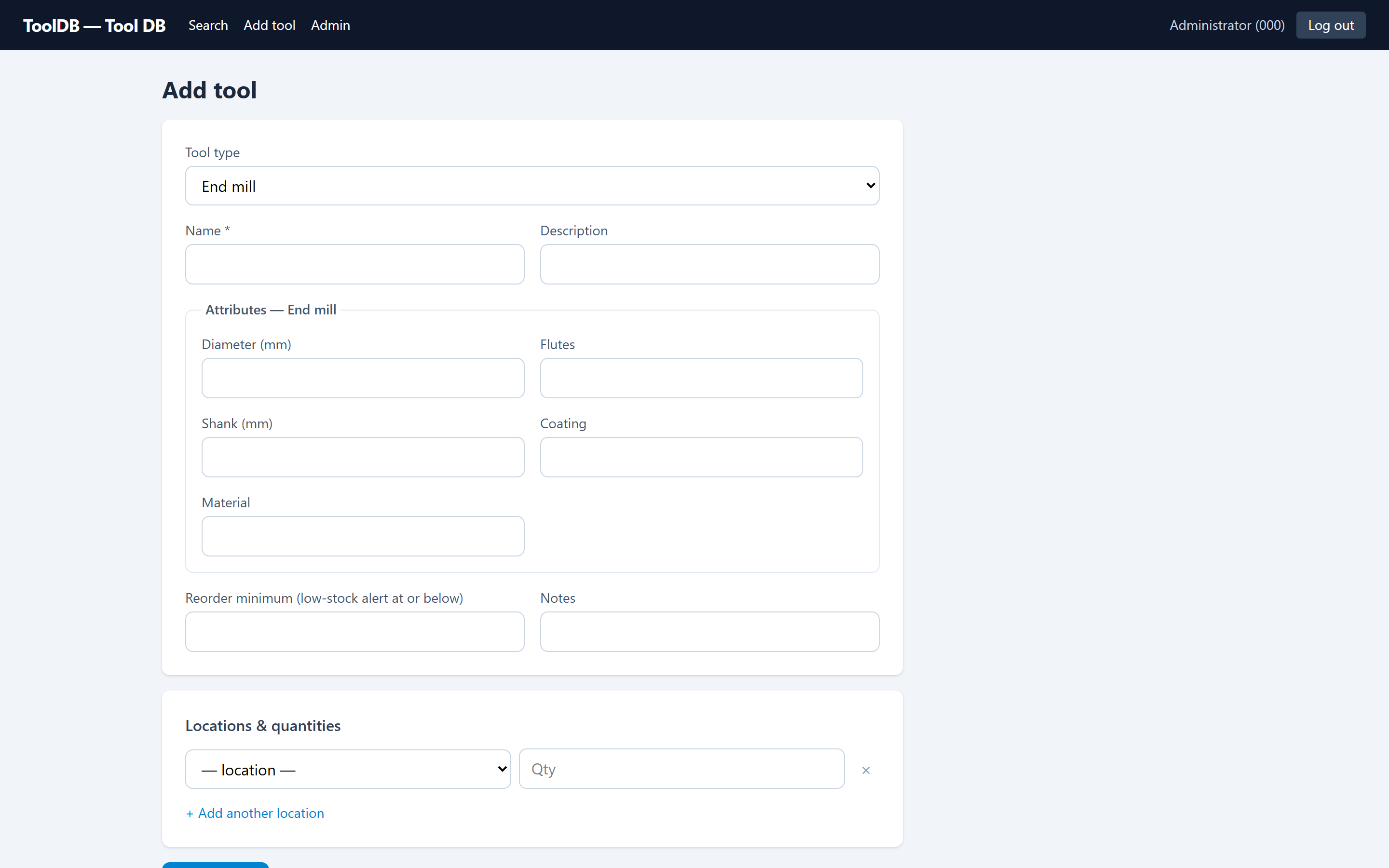 Add-tool form: attribute fields are generated from the selected tool type’s schema